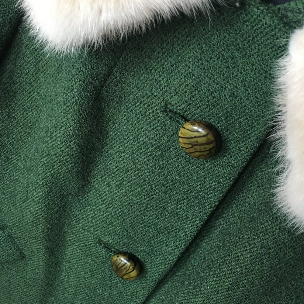 Vintage Green Boucle Coat with Mink Collar Boucle Wool Coat - Size Med - 1960s - Picture 2 of 4